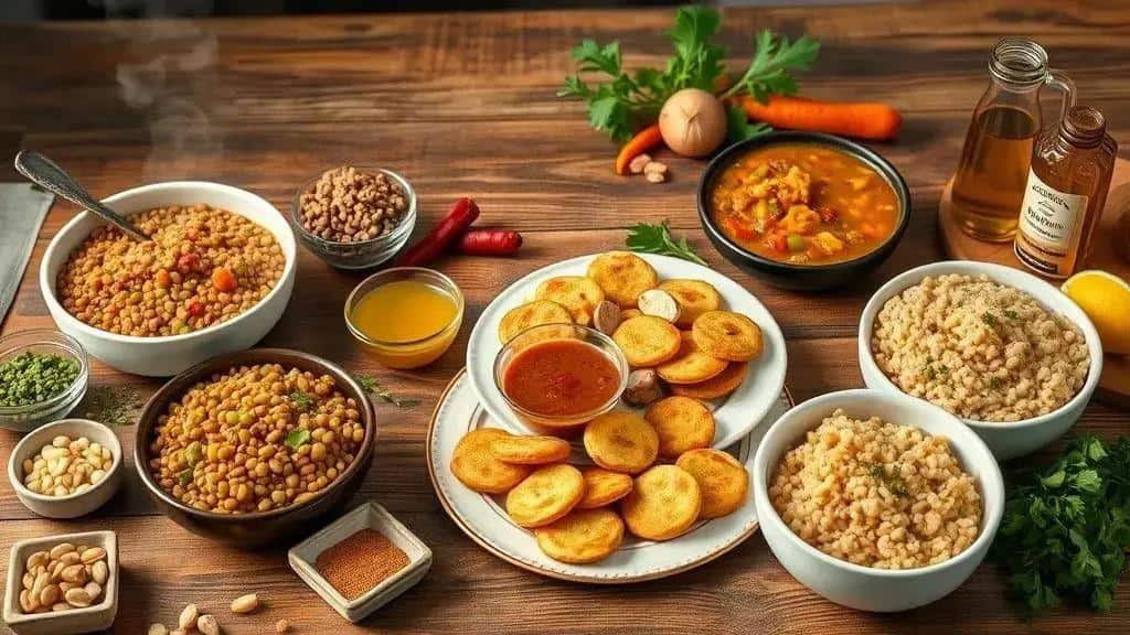 ingredientes de cada receita (lentilha clássica, salada, sopa, bolinhos, risoto)