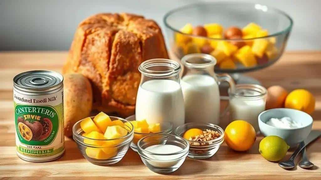 Ingredientes do pavê de panetone com frutas tropicais Ingredientes do pavê de panetone com frutas tropicais