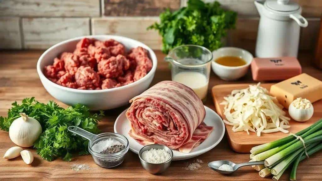 Ingredientes do rocambole de carne moída recheado com bacon