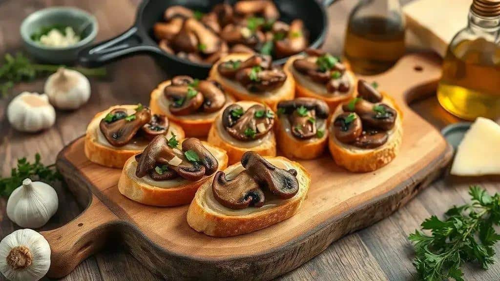 Ingredientes e preparo da bruschetta vegetariana com cogumelos e alho