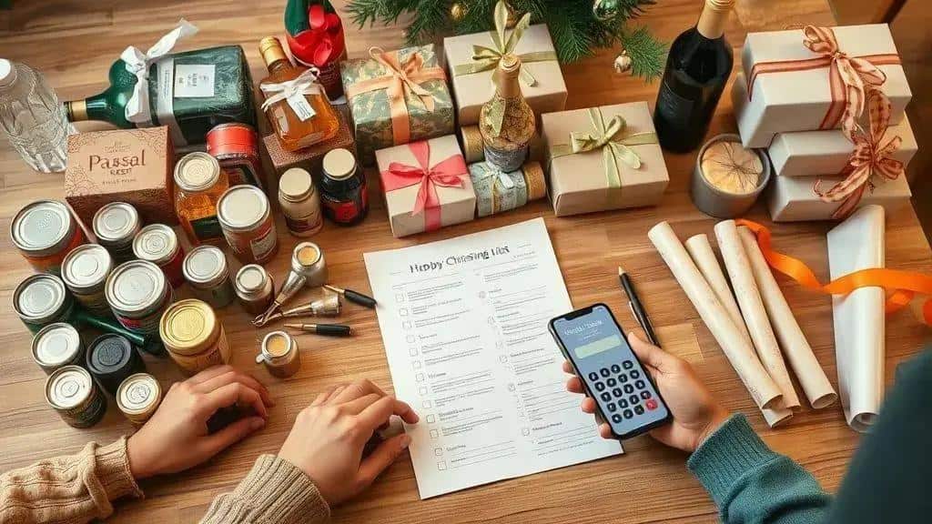 Lista detalhada de compras: alimentos, bebidas, presentes e embalagens