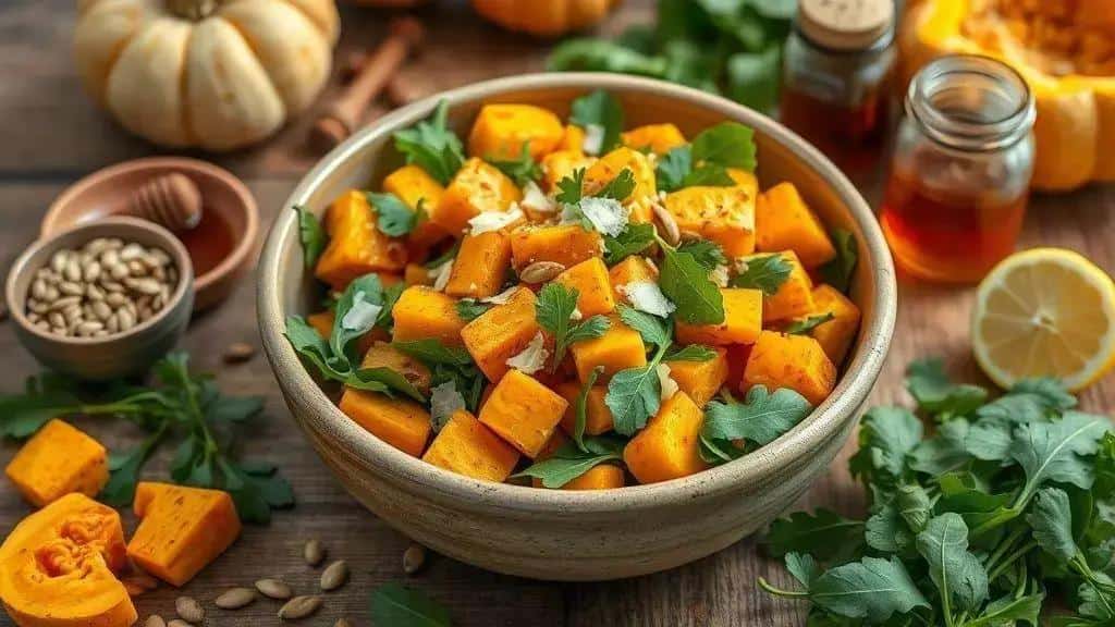 Salada morna de abóbora e rúcula — ingredientes e preparo