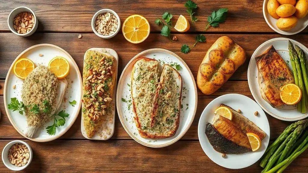 Variações de peixe assado com crosta de ervas