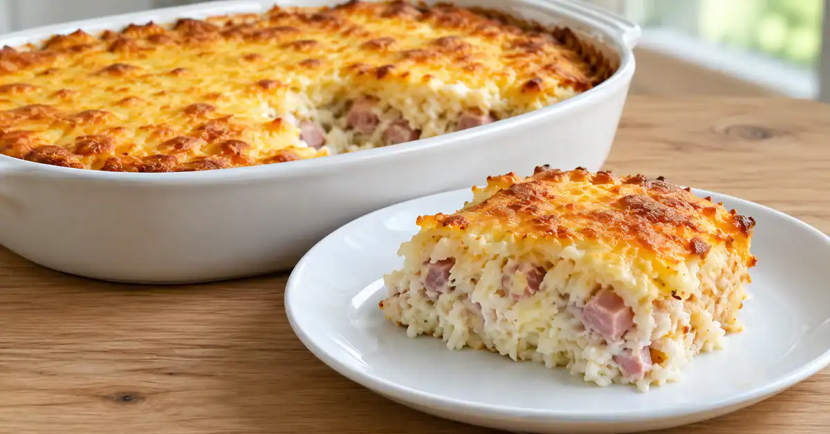 Prato de Arroz de forno com presunto e queijo dourado em travessa branca, fatia visível em primeiro plano, luz natural suave