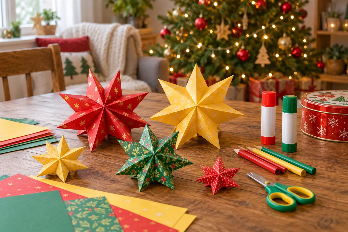 Estrelas de papel colorido e materiais de artesanato sobre uma mesa