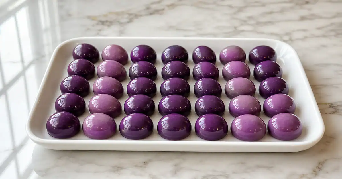 Travessa branca retangular com Bombom de uva na travessa, cores roxo, glaze brilhante e iluminação suave pela esquerda
