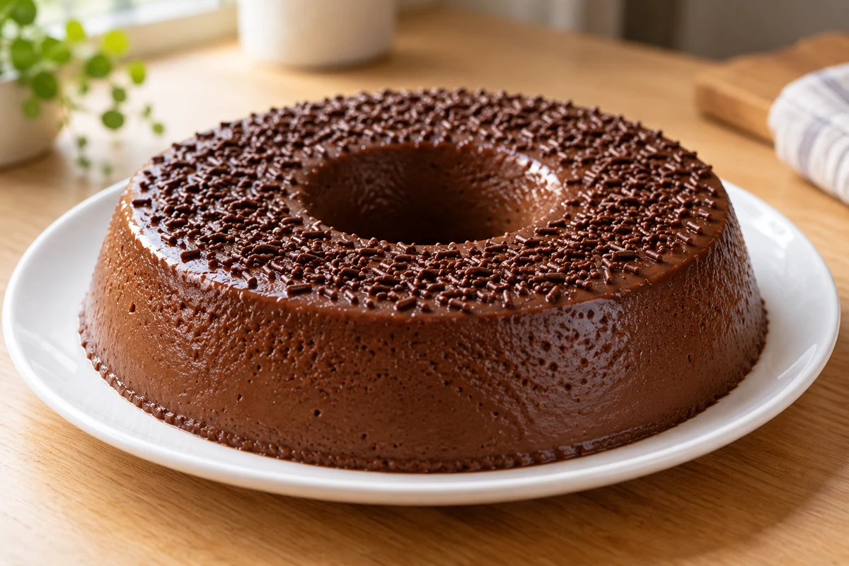 Brigadeirão de chocolate em formato de anel, com granulado