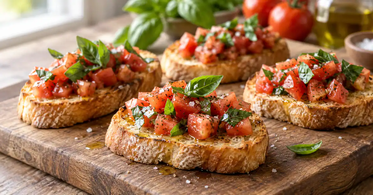 Bruschetta de tomate e manjericão 2 Bruschetta de tomate e manjericão sobre pão tostado