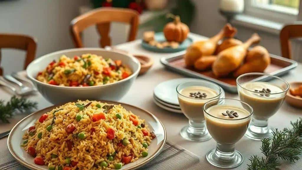 Ceia ilustrativa com arroz, frango assado e sobremesa em taças