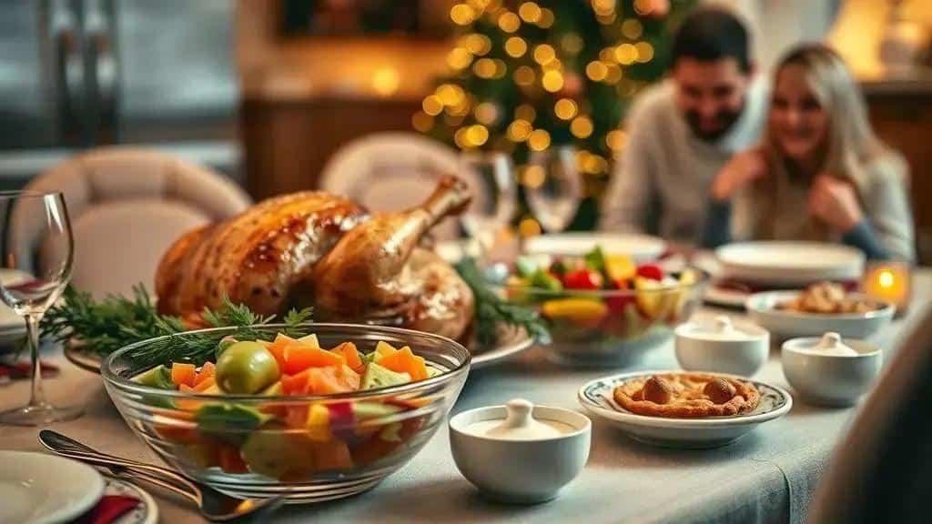 Mesa festiva com assado, legumes e acompanhamentos