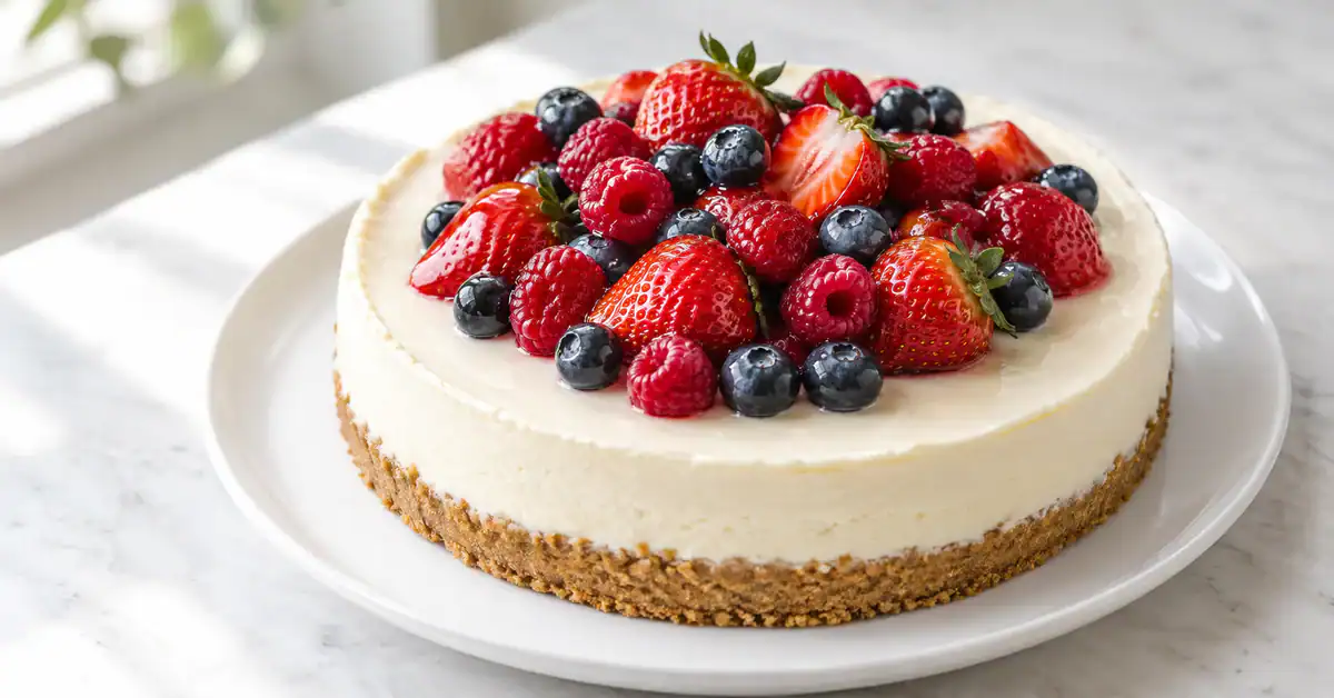 Cheesecake de frutas vermelhas sem forno, servido em prato branco com crosta crocante e recheio cremoso, coberto por frutas