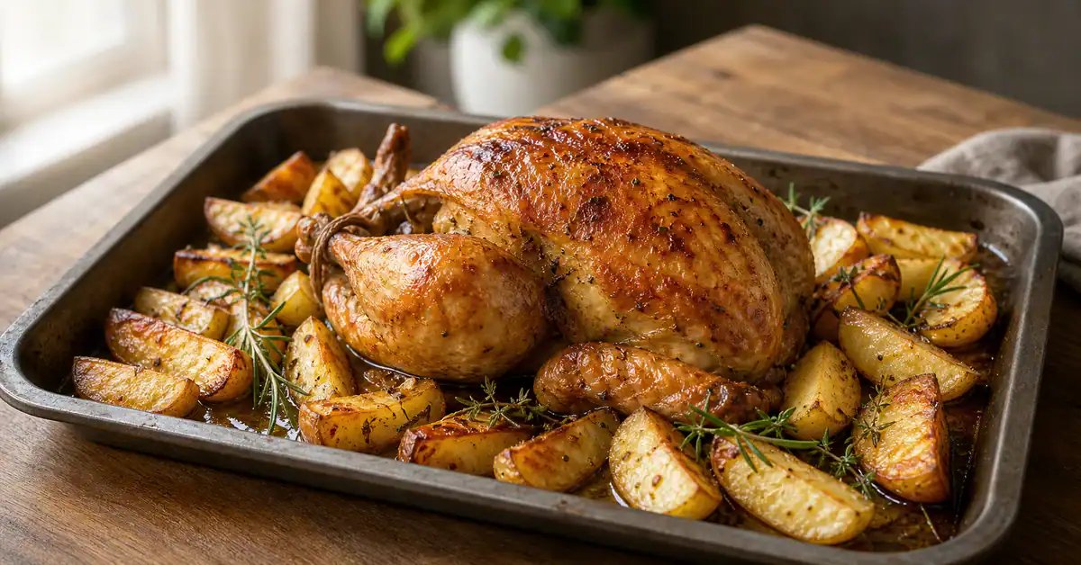 Frango assado com batatas para uma ceia econômica frango dourado com pele crocante, batatas ao lado sob luz suave à esquerda