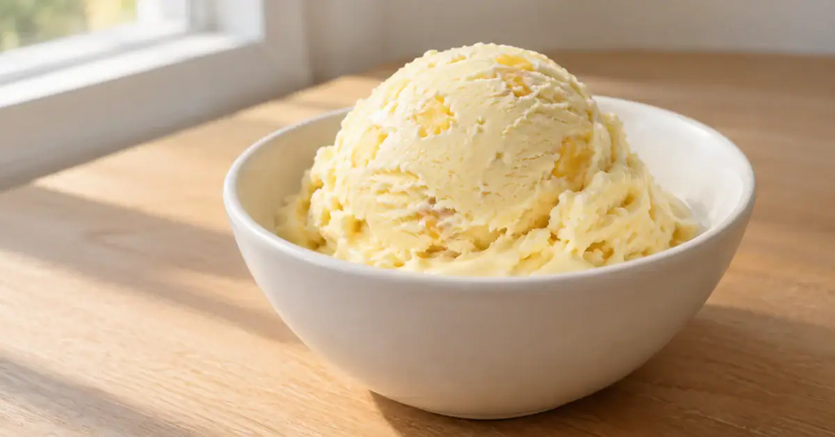 Gelado de abacaxi cremoso em taça branca, textura suave com raspas de abacaxi, sobre mesa de madeira clara, iluminação