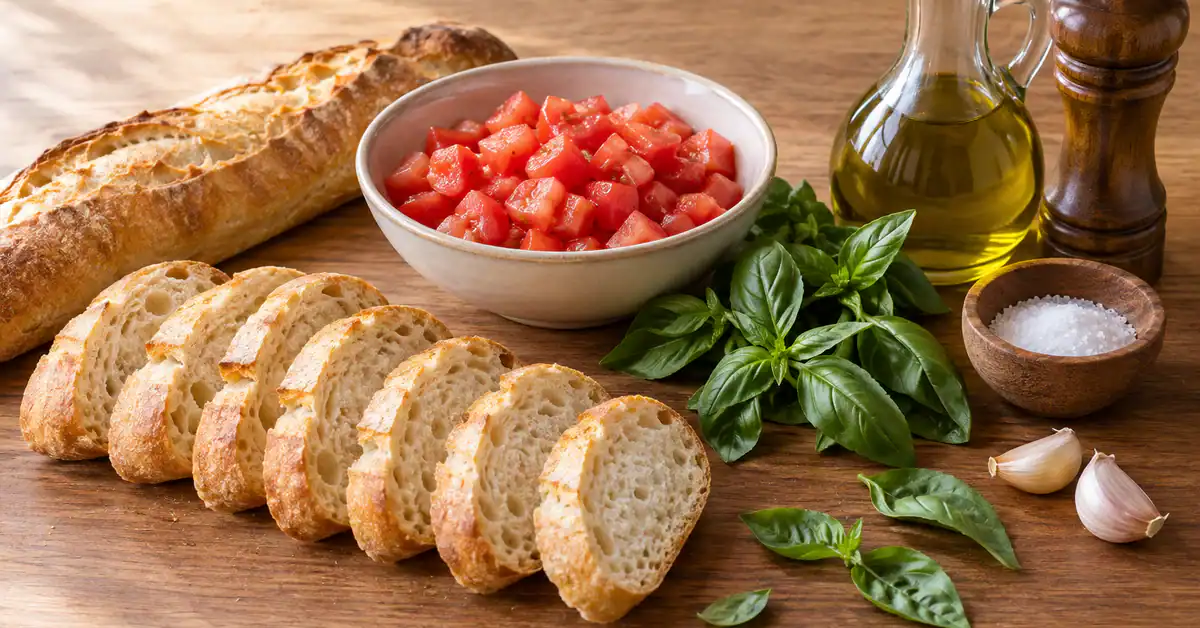 Tomates, pão e manjericão para bruschetta