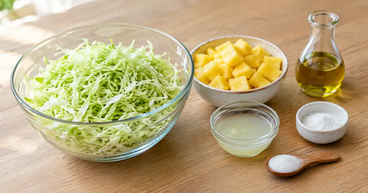 Salada de repolho com abacaxi e limão 2 Repolho fatiado, abacaxi e ingredientes do molho