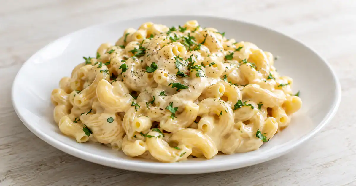 Macarronese cremosa para as festas de fim de ano: prato branco com massa al dente, molho aveludado e toque de salsa