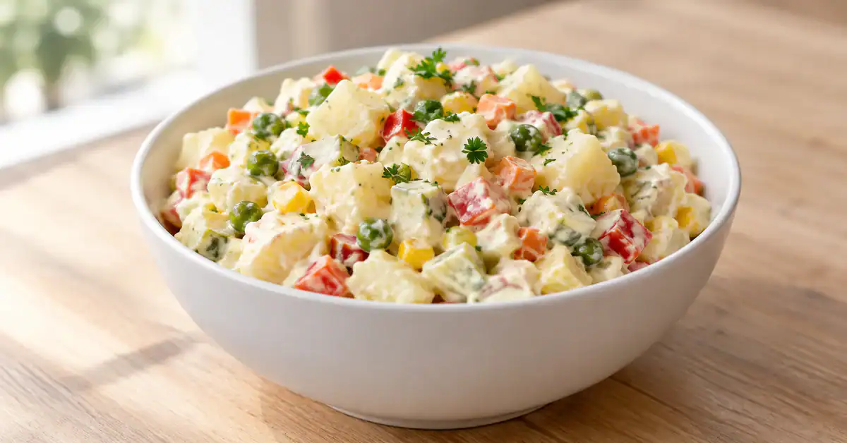 Salada cremosa de batata com legumes coloridos