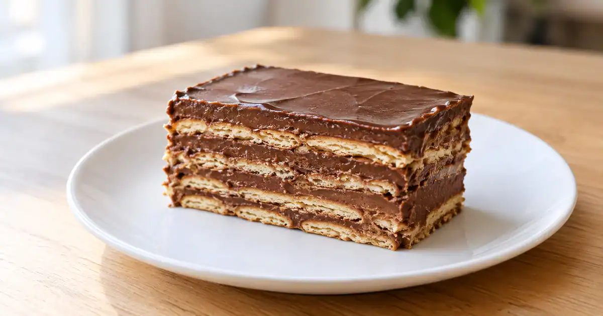 Fatias de Pavê de chocolate simples em prato branco sobre mesa de madeira clara, destacando camadas cremosas e biscoito
