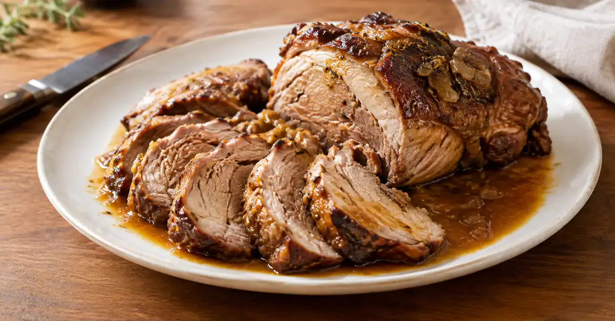 Pernil na panela de pressão: receita prática para o Natal 2 Pernil na panela de pressão fatiado e suculento, servido em prato branco com molho marrom brilhante, iluminação suave da