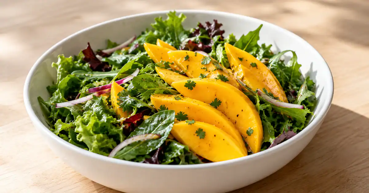 Salada tropical com manga em tigela branca de cerâmica, folhas verdes e manga em leque, com molho leve sob luz natural