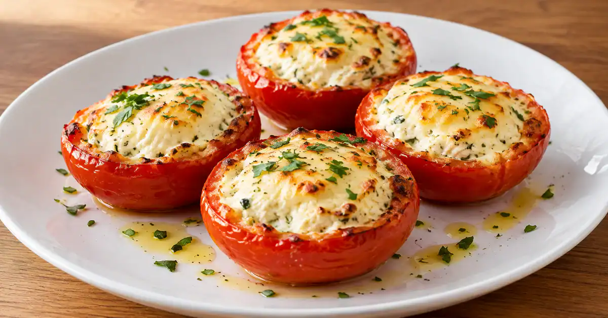 Tomates recheados com queijo, assados