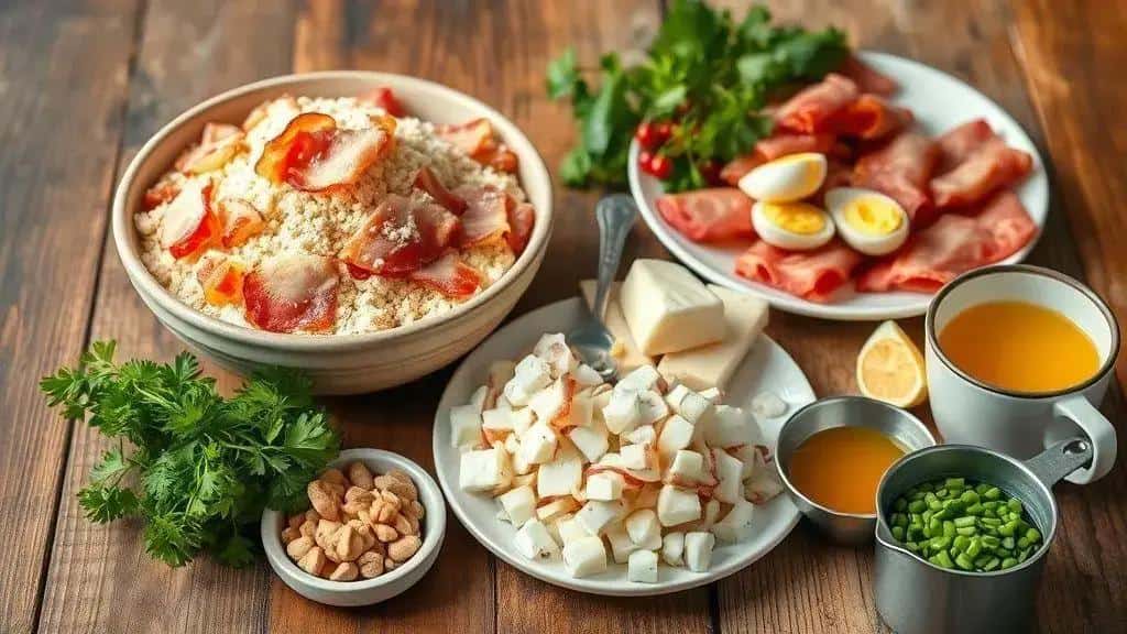 Ingredientes da farofa de Natal com bacon e ovos Ingredientes da farofa de Natal com bacon e ovos