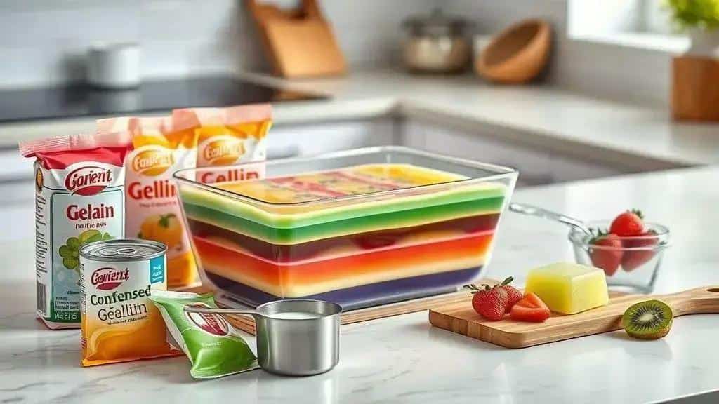 Ingredientes da gelatina colorida em camadas