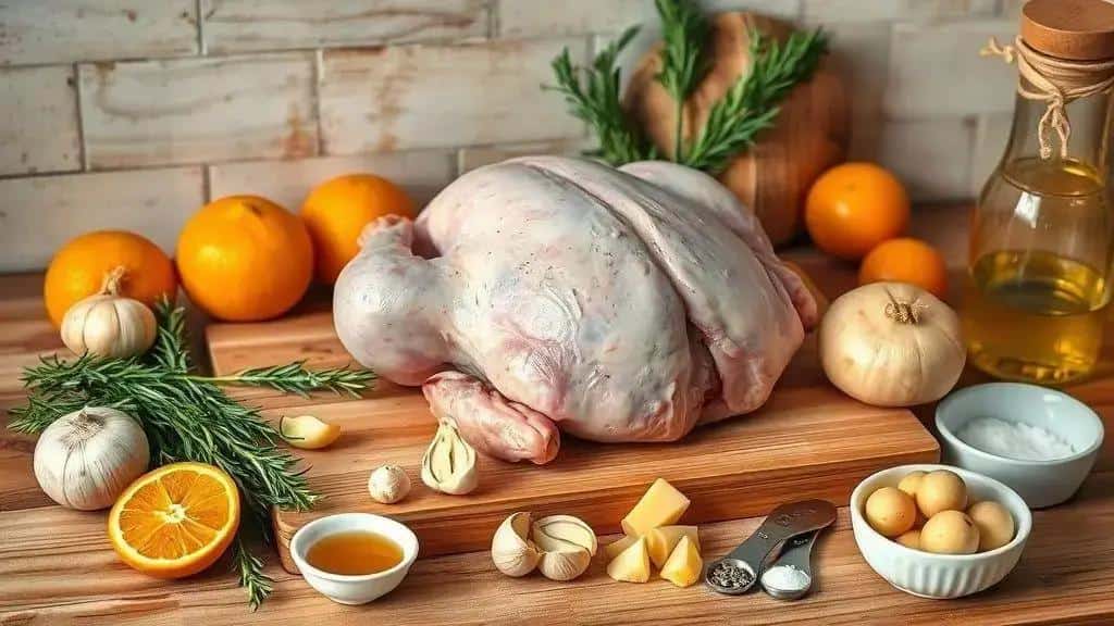 Ingredientes da receita frango assado natalino com laranja e alecrim