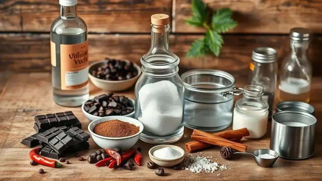 Ingredientes da receita licor caseiro de chocolate e pimenta
