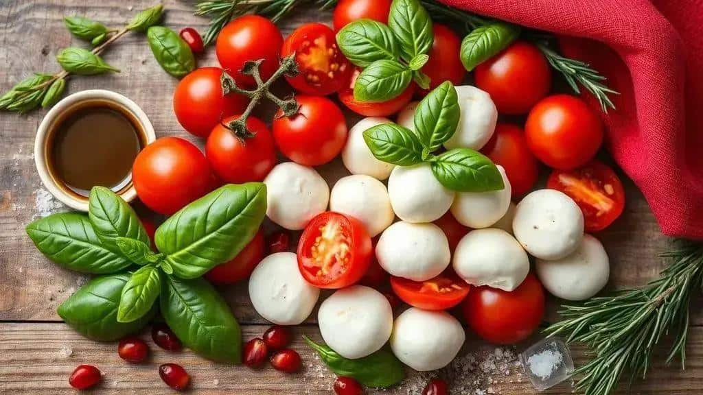 Ingredientes da Salada Caprese Natalina com Tomate Cereja e Manjericão