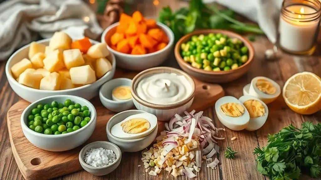 Ingredientes da salada de maionese clássica para Réveillon