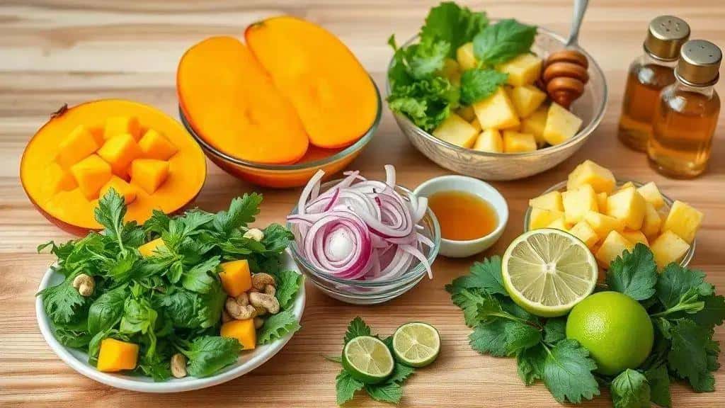Ingredientes da salada tropical de ano novo com manga e abacaxi