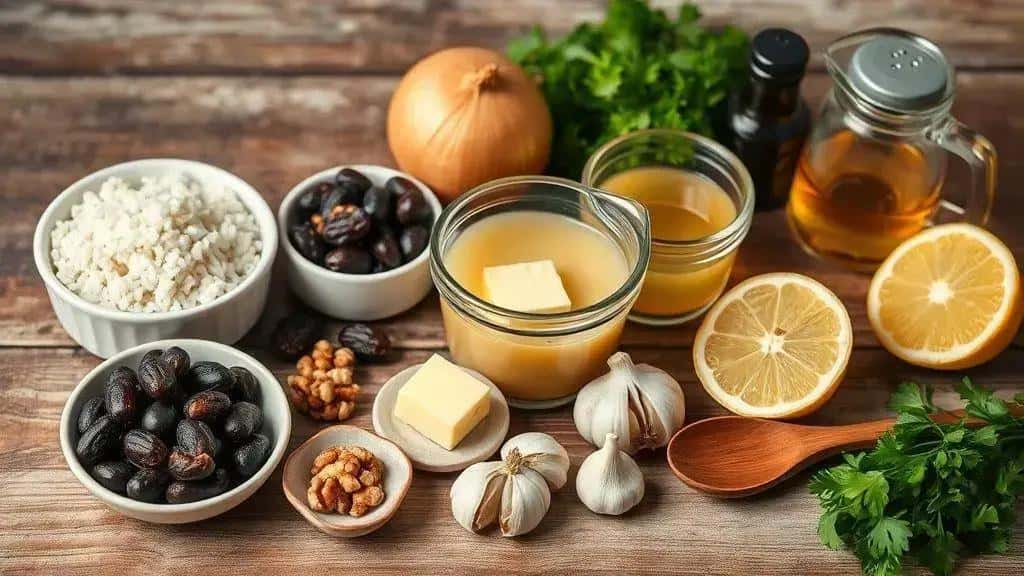 Ingredientes do arroz de natal com uvas-passas e nozes Ingredientes do arroz de natal com uvas-passas e nozes