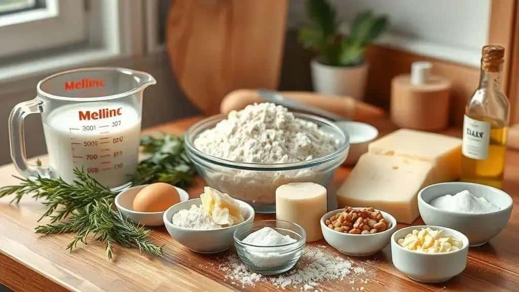 Ingredientes do pão natalino com ervas e queijo Ingredientes do pão natalino com ervas e queijo