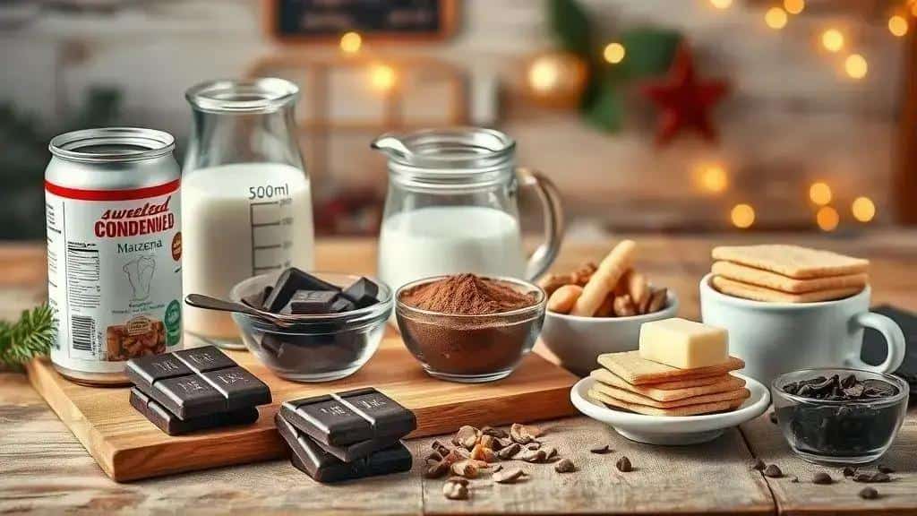 Ingredientes do pavê de Natal de chocolate com biscoito Maizena