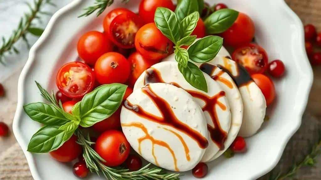 Salada Caprese Natalina com Tomate Cereja e Manjericão