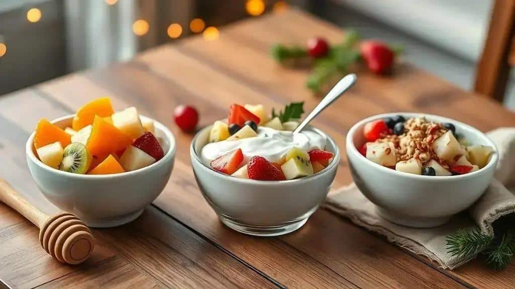 Variações da salada de frutas da época (mel, iogurte, versão vegana)