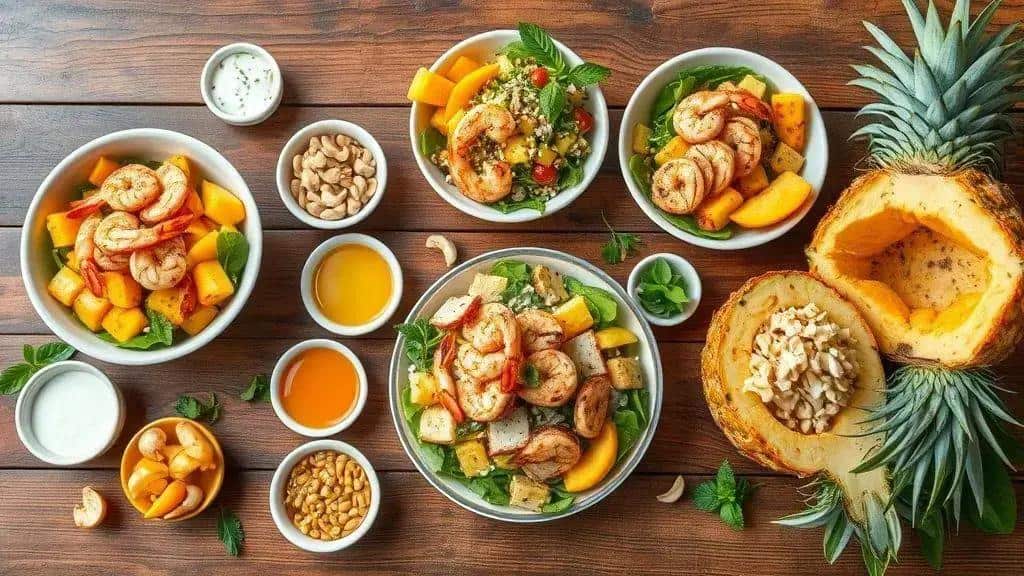 Variações da salada tropical de ano novo com manga e abacaxi