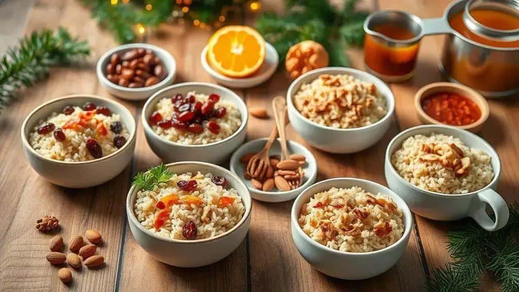 Variações do arroz de natal com uvas-passas e nozes Variações do arroz de natal com uvas-passas e nozes