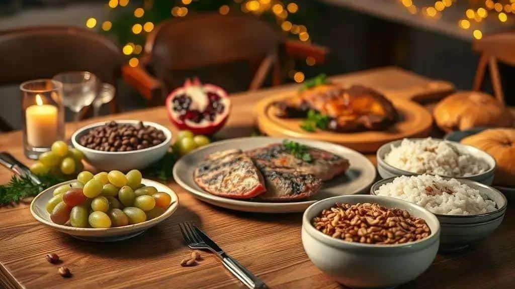 Ceia e alimentos que simbolizam prosperidade