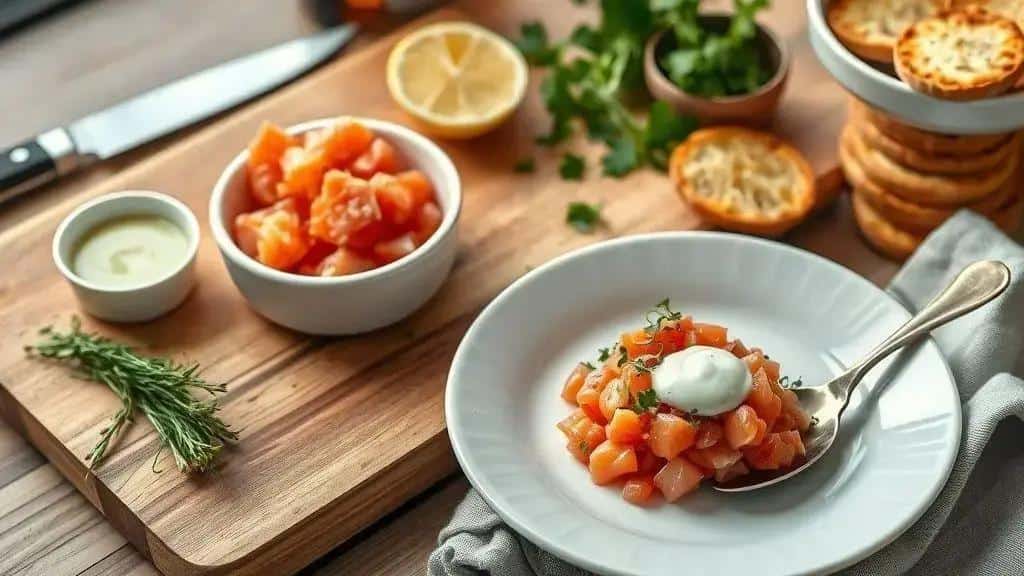 como preparar o canapé 1: tartare de salmão com creme de wasabi
