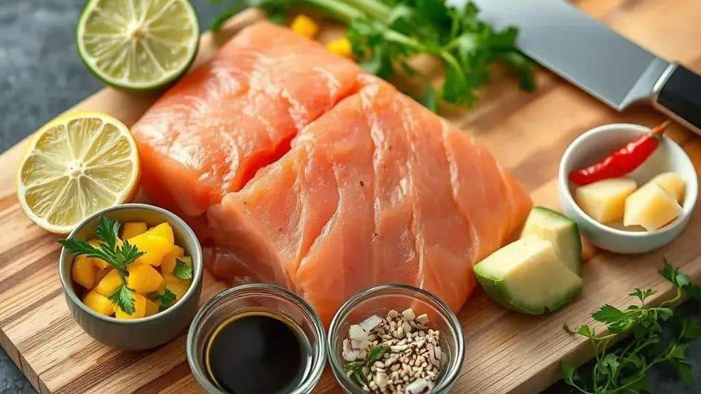 Ingredientes da entrada: tartar de salmão com manga