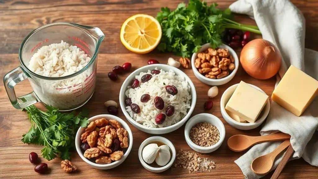 Ingredientes da receita: arroz com castanhas, cranberry e ervas