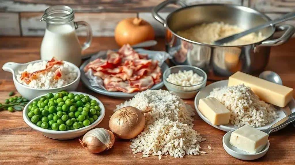 Ingredientes da receita: arroz cremoso com bacon e ervilhas