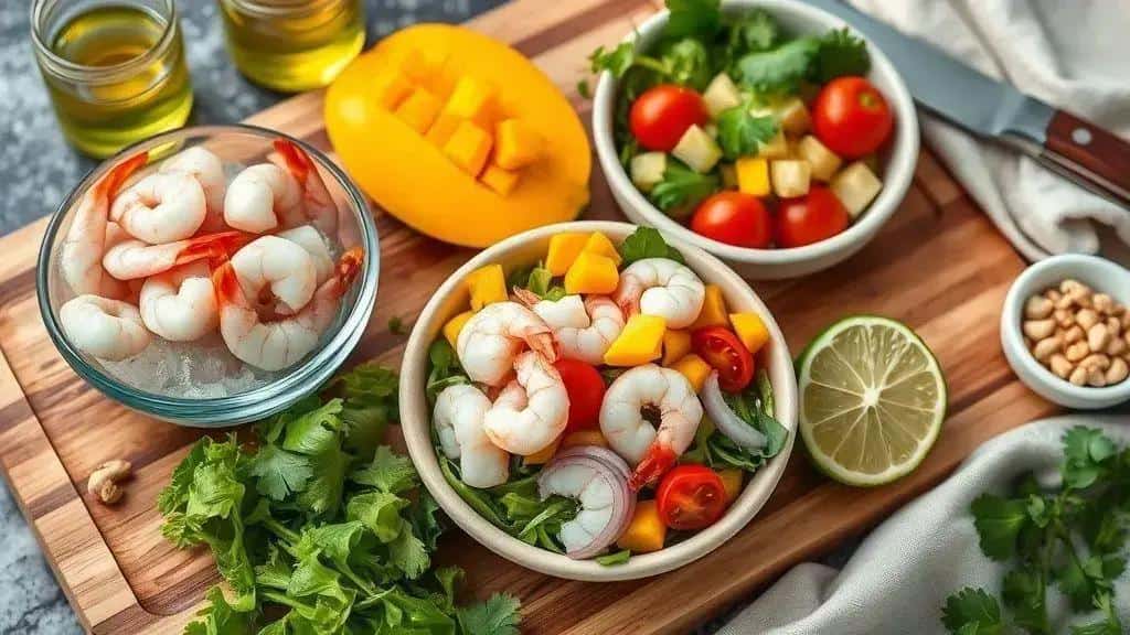 ingredientes da receita salada tropical de camarão e manga