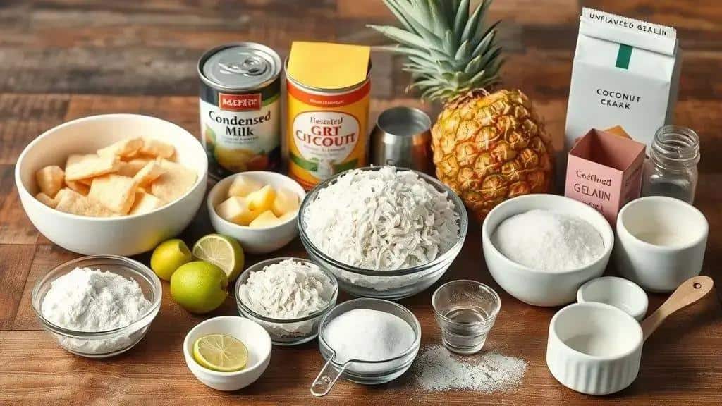 Ingredientes da receita torta gelada de abacaxi com coco