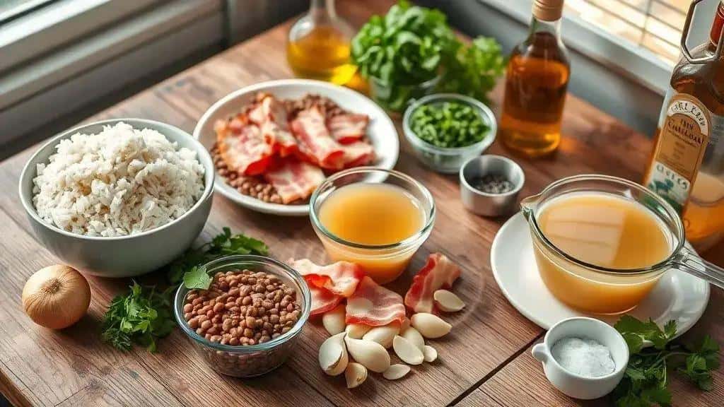 Ingredientes do arroz de lentilha com bacon Ingredientes do arroz de lentilha com bacon
