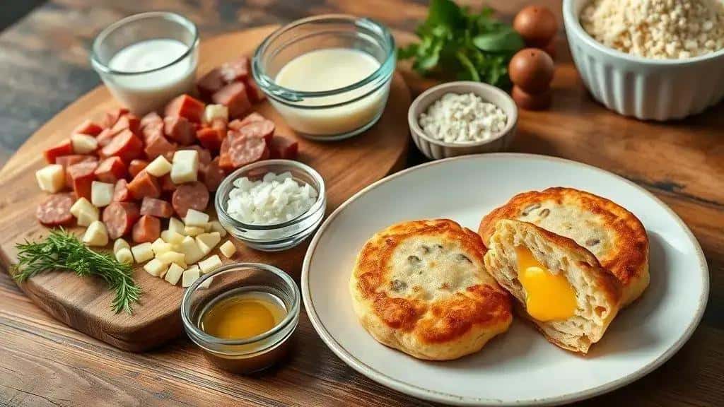 Ingredientes do bolinho de linguiça com queijo derretido Ingredientes do bolinho de linguiça com queijo derretido