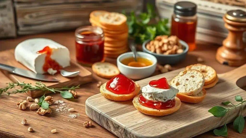 Ingredientes do canapé de queijo de cabra com geleia de pimenta