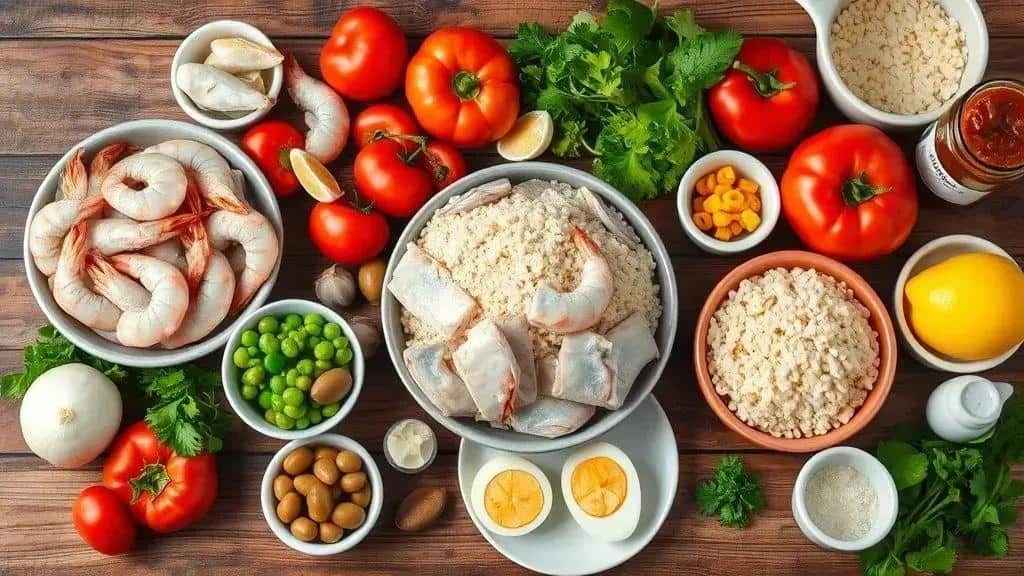 Ingredientes do cuscuz paulista de frutos do mar